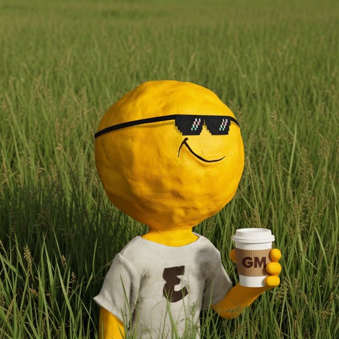 A 3D-rendered yellow smiley face character wearing pixelated 'thug life' sunglasses, dressed in a white shirt featuring a Bitcoin logo, and holding a coffee cup with 'GM' on it, standing in a grassy field.