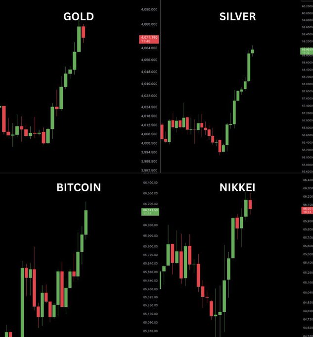 Four-panel chart showing bullish price action with green candles across GOLD, SILVER, BITCOIN, and NIKKEI markets.