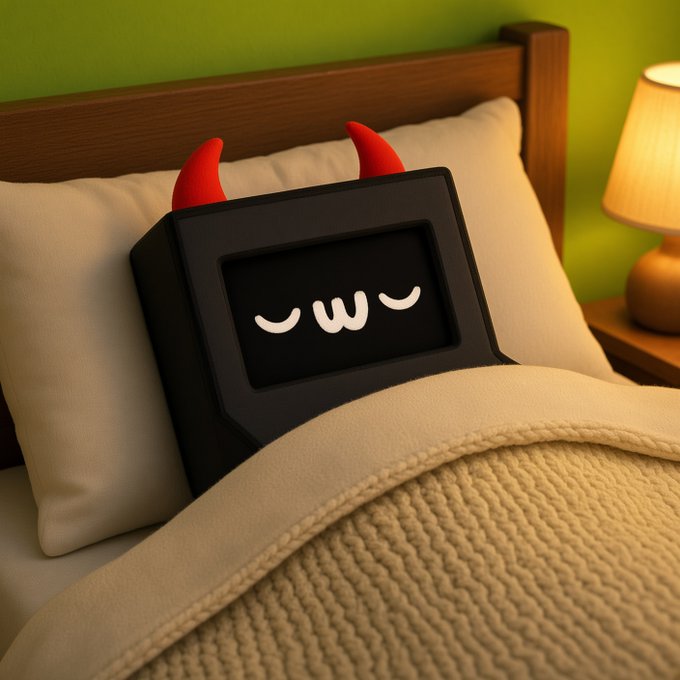 A cute black devil-like alarm clock with red horns and a sleepy face (showing "uwu"-style closed eyes) is tucked into bed under a beige blanket, with a warm lamp glowing on the nightstand. The cozy scene matches the post's "going to sleep" vibe, playfully personifying the alarm clock as the trader promising to "run this shit up" while its owner dreams.