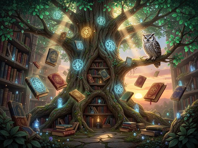 A fantasy illustration of a magical library inside a giant glowing tree with floating enchanted books, mystical symbols, and an owl perched on a branch.