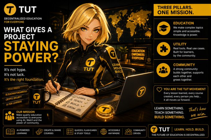 A promotional graphic for TUT (Decentralized Education For Everyone) featuring a blonde animated female character in a black and gold TUT-branded outfit, surrounded by educational items like a laptop, notebook, mug, and books. The ad highlights the tagline "What gives a project staying power?" alongside its "Three Pillars, One Mission" framework emphasizing Education, Utility, and Community—visually reinforcing the post's message that lasting crypto projects succeed through these three foundational elements rather than hype or short-term attention.