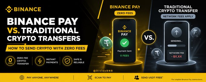 Advertisement banner titled 'BINANCE PAY VS. TRADITIONAL CRYPTO TRANSFERS' by @DivineBNB, highlighting zero fees and instant payments with a comparison graphic between the two services.