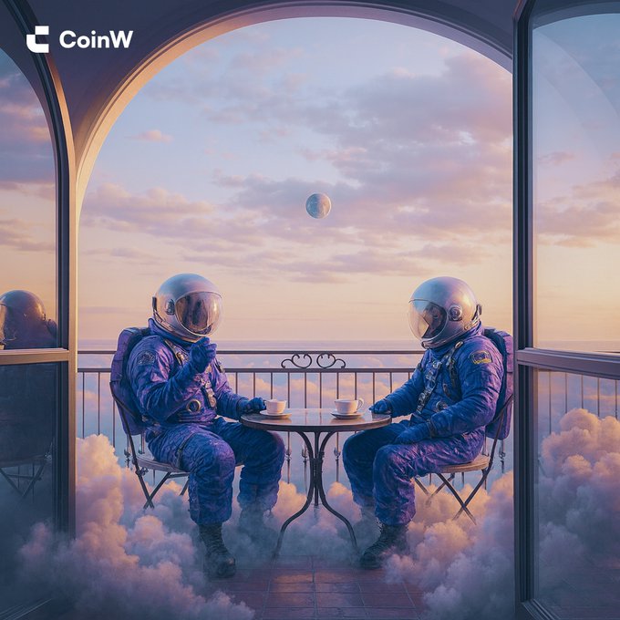 Two astronauts in full spacesuits sit at a small café table enjoying coffee together on a balcony floating above the clouds, with a moon visible in the pastel sunrise sky and the "CoinW" logo in the corner—a whimsical "GM" (Good Morning) greeting that turns a simple morning coffee into an out-of-this-world experience.