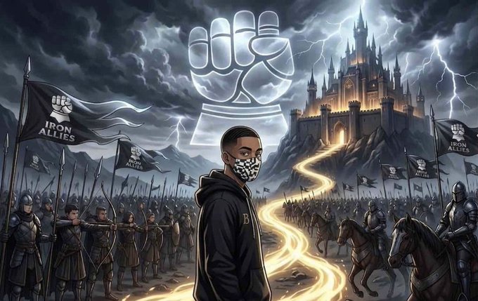 A dramatic fantasy-style illustration showing a young man in a black hoodie and face mask standing between two armies of medieval soldiers bearing 'IRON ALLIES' flags, with a giant raised fist symbol and a castle in the stormy background.