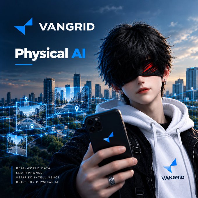 A stylized promotional image for 'VanGrid Physical AI' featuring a young man with a red visor looking at a smartphone, with holographic city map displays floating in the background.