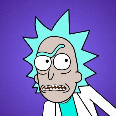 A cartoon illustration of Rick Sanchez from Rick and Morty with his characteristic spiky teal hair, wide eyes, and grimacing expression against a purple background.