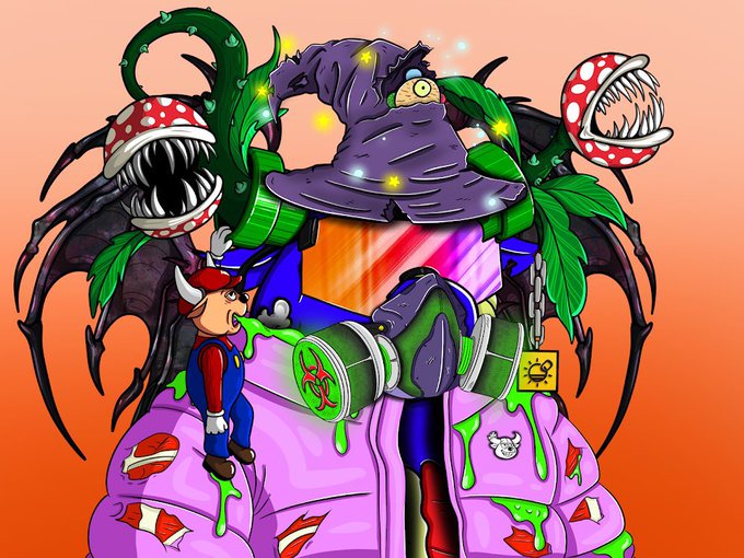 A colorful cartoon illustration depicting a battle scene featuring a character resembling Mario fighting against a large purple wizard hat wearing creature surrounded by carnivorous plants.