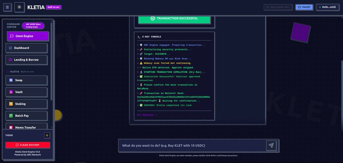 A KLETIA app interface displaying a 'TRANSACTION SUCCESSFUL' confirmation for a X-BOT CONSOLE operation, with a sidebar menu showing options like Onchain-Engine, Dashboard, Lending & Borrow, Swap, Vault, Staking, and Batch Pay.