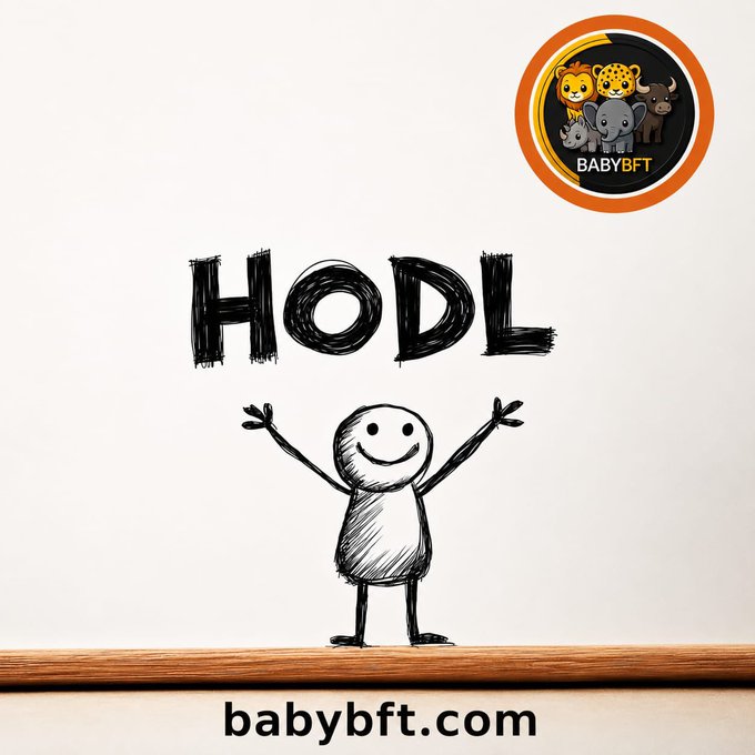A simple hand-drawn style image of a stick figure with arms raised cheering under the word 'HODL', branded with the BABYBFT logo and website babybft.com.