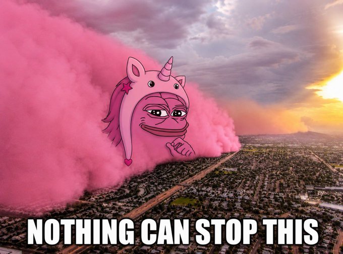 A meme featuring the 'Unicorn Shake' rage face emoji riding a pink smoke cloud over a cityscape, with the text 'NOTHING CAN STOP THIS' at the bottom.