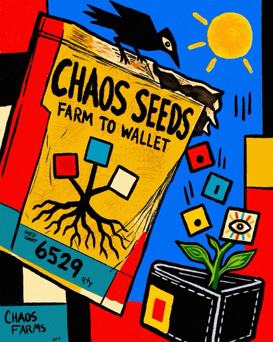 A colorful folk-art style painting titled 'CHAOS SEEDS FARM TO WALLET' by Chaos Farms, depicting a seed packet with growing roots and a crow.