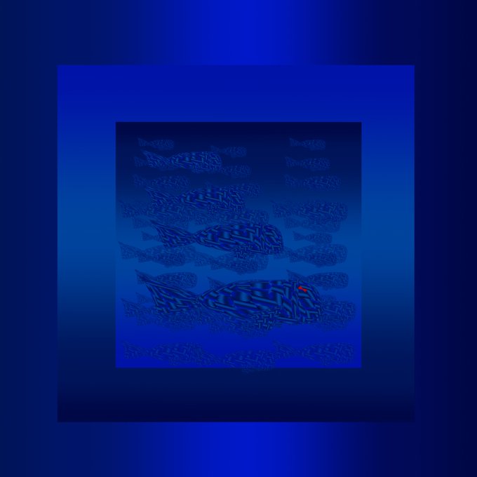 A deep blue artwork shows multiple fish-like shapes swimming together, with intricate patterned scales and small text elements rendered in darker blue tones.