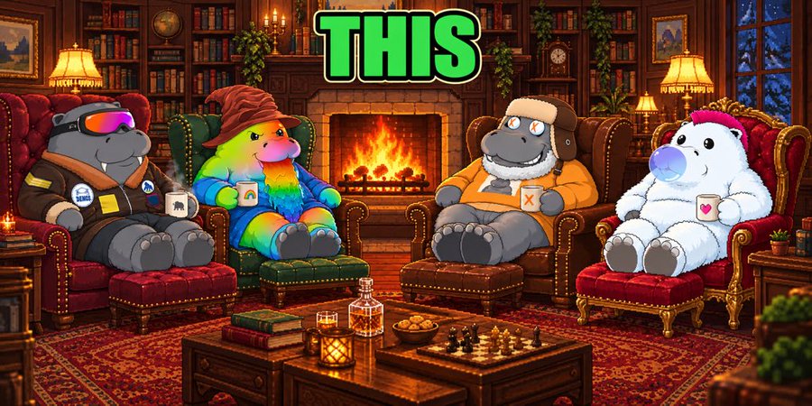 A colorful digital illustration shows four cartoon characters, including a hippo in a robe, a rainbow-striped creature, and a polar bear, relaxing with the word 'THIS' displayed in large green letters at the top.