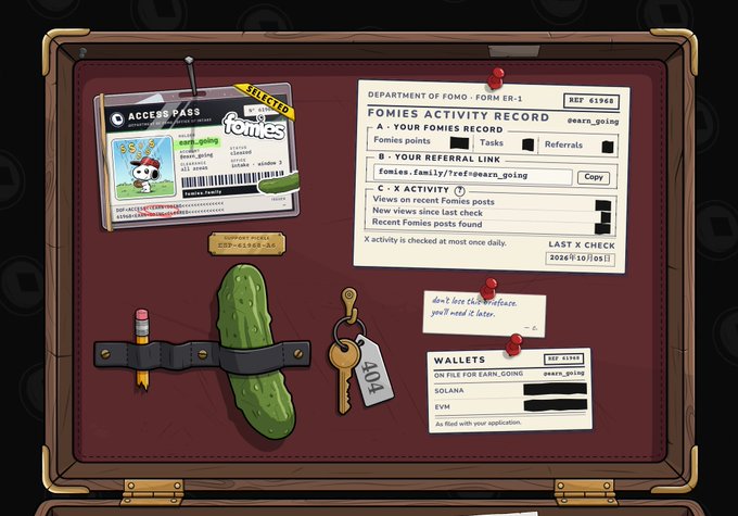 A 'Fomies Activity Record' (FORM ER-1) showing an account for 'pearth_going', displaying Fomies points, tasks, referrals, wallets (SOLANA, EVM), and various pinned notes and items like an access pass, pickle, and key.