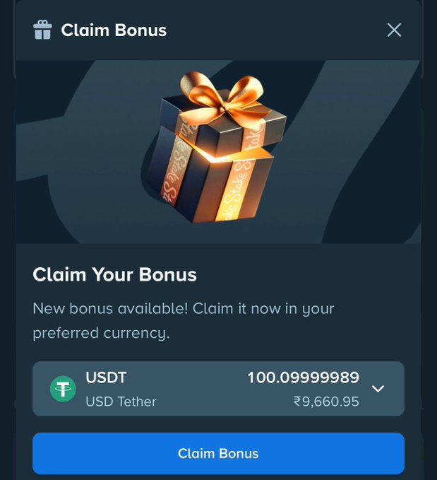 A "Claim Bonus" pop-up displays a gift box graphic, offering 100.09999989 USDT (₹9,660.95) to be claimed as a Monthly Crypto Bonus from Stake. This relates to the post's anticipation of receiving Stake's Monthly or Pre-Monthly Bonus.