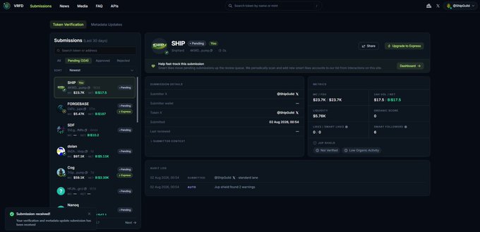 A screenshot of the Vind Submissions dashboard showing token verification of crypto tokens including SHIP, FORGEBASE, SDF, axios, Cvg, and Ionaqi with details like submission status and scoring.