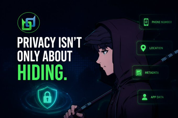 A digital privacy advertisement featuring an anime hooded character with text 'PRIVACY ISN'T ONLY ABOUT HIDING' and icons for phone number, location, metadata, and app data.