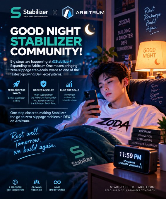 A promotional graphic for Stabilizer X Arbitrum titled 'GOOD NIGHT STABILIZER COMMUNITY!' features a young man in bed looking at his phone.