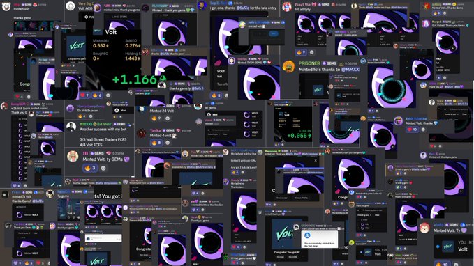 A collage of Telegram screenshots celebrates the successful launch of the @PoweredByVolt "Gem" campaign, featuring prominent displays of the Volt logo, green +1.166% and +0.055% gain indicators, and congratulatory messages like "Minted 1st Gem! 🔥" and "Minted Volt. ty 🥳" referencing over 500 NFTs minted through a collaboration with @pixonme_.