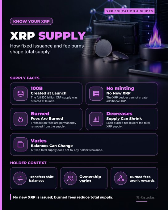 An informational graphic titled "XRP SUPPLY" from "XRP EDUCATION & GUIDES" details facts about fixed issuance and fee burns shaping total supply.