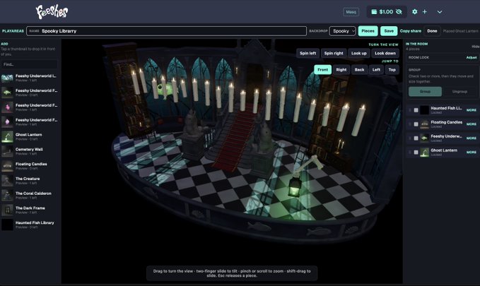 A dark-themed spooky library viewer shows a candlelit 3D room scene, with controls and a room list; visible labels include “Spooky Library,” “Front,” and “Ghost Lantern.”
