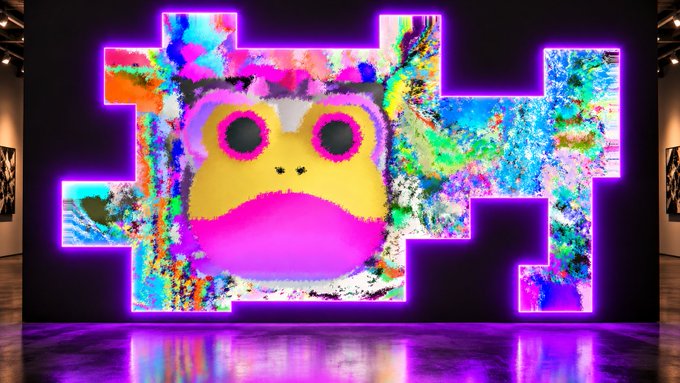 A vibrant gallery display featuring a colorful, graffiti-style artwork with a yellow frog-like character with pink cheeks, displayed on a large LED-lit frame in a dark room.