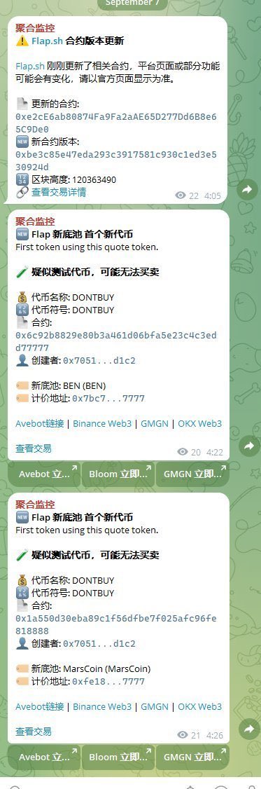A Telegram chat screenshot showing multiple messages from '聚合监控' (Aggregation Monitor) about Flap.sh contract updates, new tokens like DONTBUY/BEN and DONTBUY/MarsCoin, with contract addresses and viewing counts.