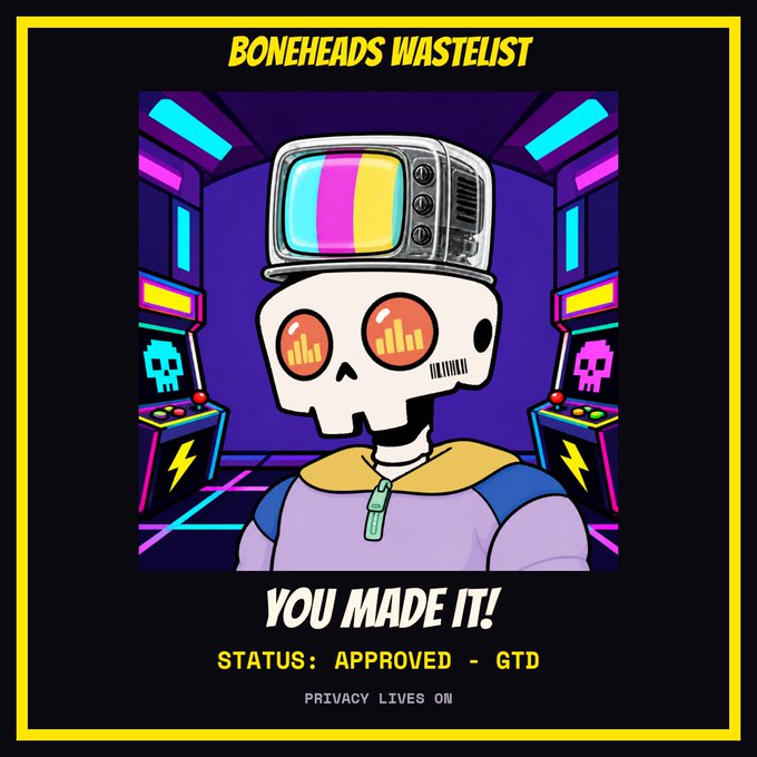 A retro-style neon illustration titled 'BONEHEADS WASTELIST' featuring a skull with a TV for a head, displaying 'YOU MADE IT! STATUS: APPROVED - GTD' and 'PRIVACY LIVES ON'.