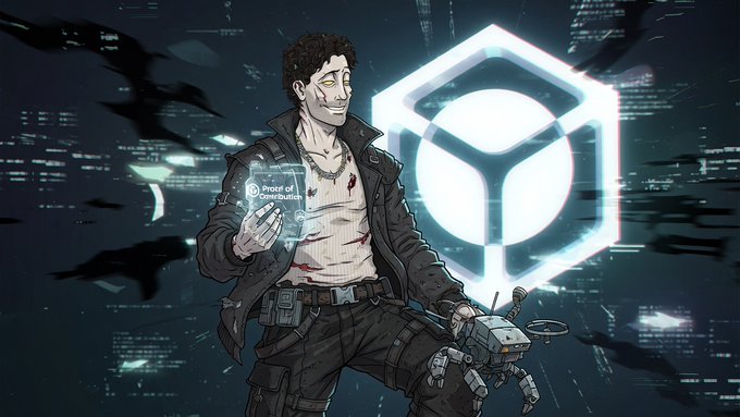 A digital illustration features a stylized character holding a holographic display that reads "Proof of Contribution" against a backdrop of glowing data fragments and a large, hexagonal emblem. This imagery visually represents the concept of verifiable activity in Web3, directly illustrating the post's theme of distinguishing real user contribution from "farm bots" and empty hype.