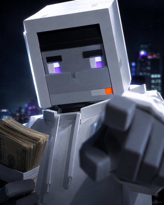 A 3D-rendered Minecraft-style character in a white suit holding cash and pointing forward, set against a night cityscape.