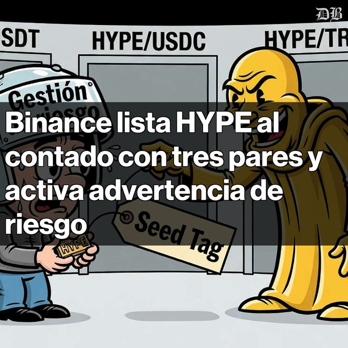A cartoon-style image showing two characters in front of panels labeled 'SDT', 'HYPE/USDC', and 'HYPE/TRX', overlaid with Spanish text reading: 'Binance lista HYPE al contado con tres pares y activa advertencia de riesgo'.
