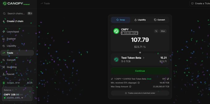 A screenshot of the Canopy Terminal decentralized exchange interface showing a swap from CNPY ($107.79) to Test Token Beta ($15.21).