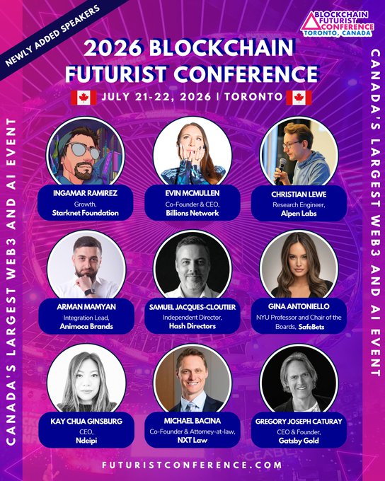 A promotional poster for the "2026 Blockchain Futurist Conference" held July 21-22, 2026 in Toronto, Canada, featuring headshots of nine newly announced speakers including Ingamar Ramirez (Starknet Foundation), Evin McMullen (Billions Network), Christian Lewe (Alpen Labs), Arman Mamyan (Animoca Brands), Samuel Jacques-Cloutier (Hash Directors), Gina Antoniello (SafeBets), Kay Chua Ginsburg (Ndeipi), Michael Bacina (NXT Law), and Gregory Joseph Catuay (Gatsby Gold). The image highlights the "newly added speakers" mentioned in the accompanying post, showcasing the conference's lineup of Web3 and AI industry leaders.