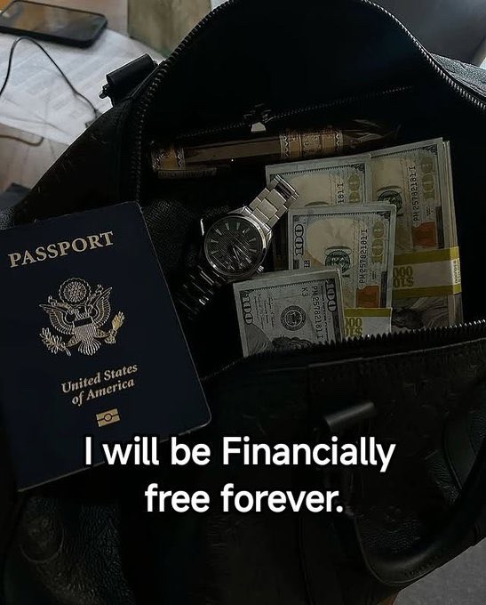 The image features a black leather bag with money inside, along with a passport and a watch. There are also some US dollar bills visible among the contents of the bag. The caption reads "claim it now," which suggests that someone has posted this photo on social media or another platform to share their financial situation or experiences related to travel and money management.

The image is accompanied by a text box containing the caption, which reads: "I will be financially free forever." This message implies that the person who posted the photo firmly believes in their ability to manage their finances without relying on material possessions like the bag of money they've placed inside it.