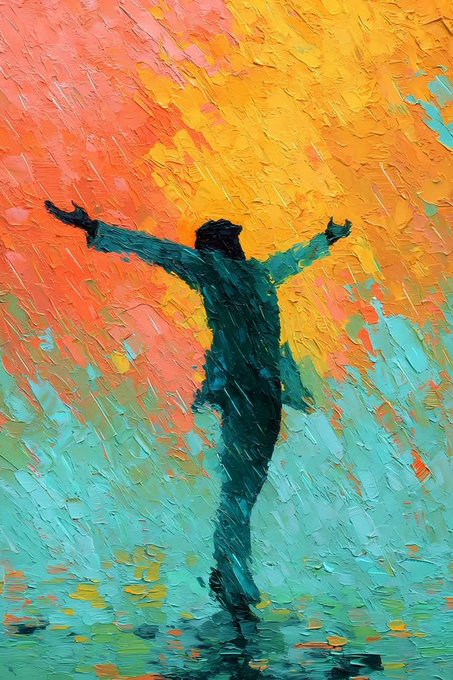 An impressionistic painting of a silhouetted figure in a teal coat with arms outstretched, standing in rain against a vibrant background of yellow, orange, and teal brushstrokes.