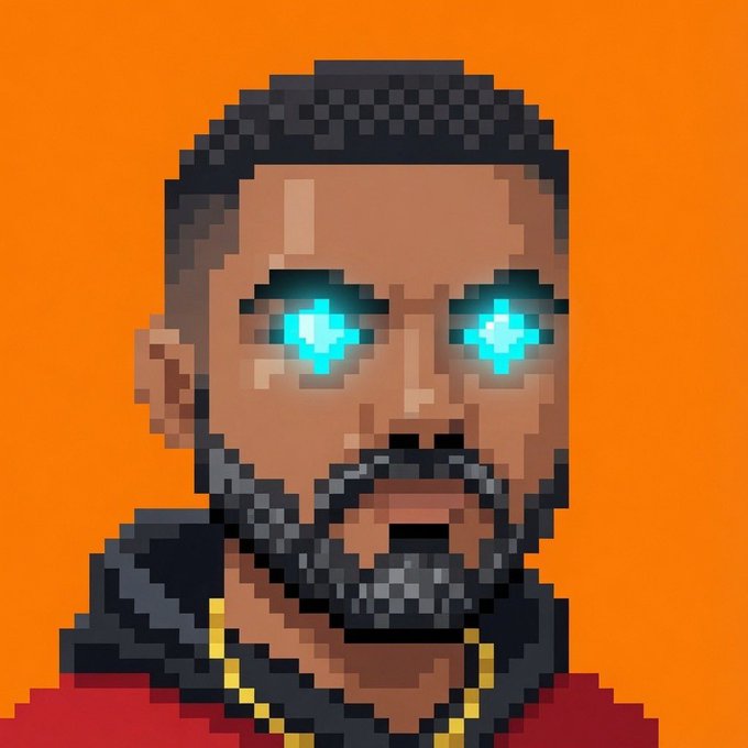 A pixel art portrait of a bearded man with glowing cyan eyes wearing gold chains against a solid orange background.