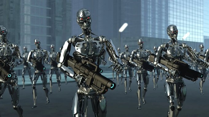 A formation of armed humanoid robots advances through a futuristic city street. The image is unrelated to the post about the $INJ community buyback and contains no visible text, numbers, or names.