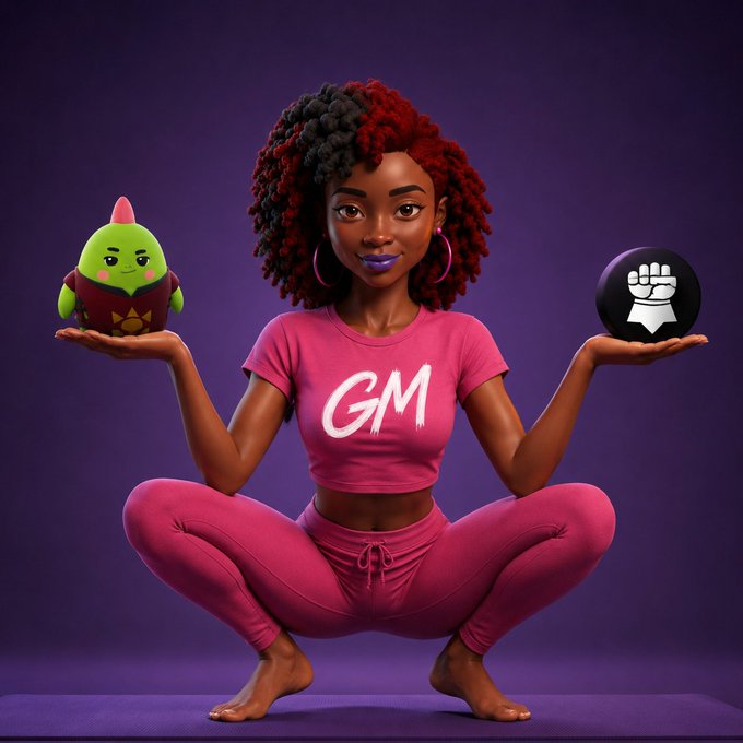 A 3D-rendered illustration of a Black woman with red and black curly hair in a pink "GM" t-shirt and matching leggings, squatting in a balancing pose while holding a green goblin character in one hand and a black fist icon ball in the other, set against a purple background.