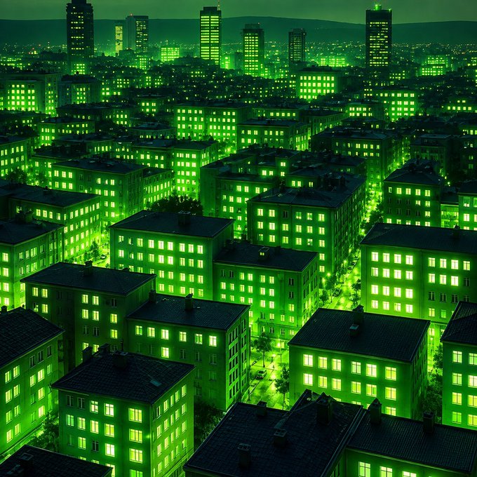 An aerial nighttime view of a cityscape with all buildings and windows illuminated in an intense green glow.