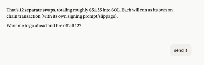 A chat interface shows a message confirming 12 separate token swaps totaling roughly $51.35 into SOL, each as its own on-chain transaction, asking for approval to execute all 12 with a "send it" button ready to confirm. The image illustrates the MoonPay paybox function being demonstrated for batch swapping dust tokens into SOL.