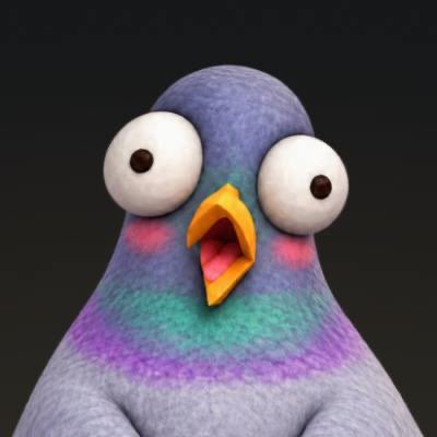 A wide-eyed, fluffy cartoon pigeon with a blue, purple, and pink gradient body stares out with its beak open in apparent shock, likely reacting to a chaotic or surprising crypto situation. The exaggerated, startled expression visually conveys the "fomo" theme tied to promoting the $PIGEON token on Ethereum.