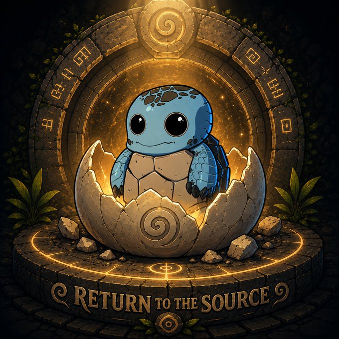 A digital illustration of a cute blue turtle-like creature hatching from an egg on a glowing stone altar with runes, captioned 'Return to the Source'.