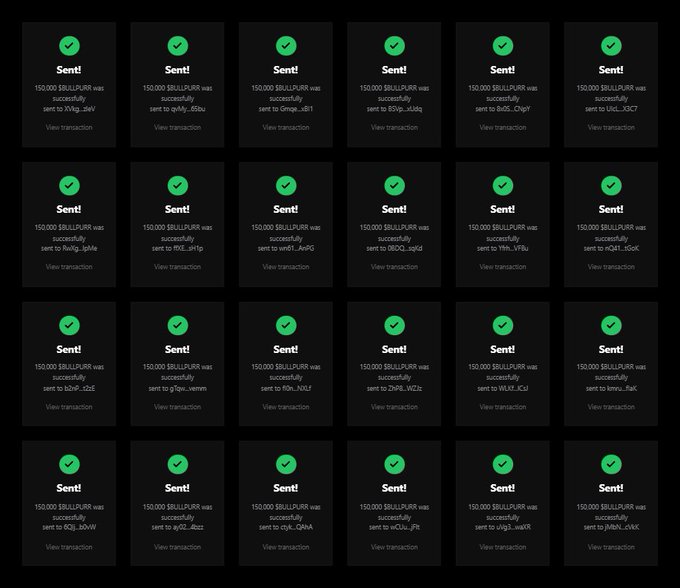 The image displays a grid of 24 identical "Sent!" confirmation cards, each showing that 150,000 $BULLPURR tokens have been successfully sent to various Solana wallet addresses, consistent with the airdrop claim instructions for the first 500 wallets.