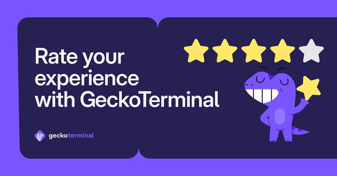 The image is a promotional banner for GeckoTerminal, featuring a smiling purple gecko mascot holding a star, alongside four filled gold stars and one empty star representing a rating system. The text "Rate your experience with GeckoTerminal" appears prominently next to the GeckoTerminal logo, inviting users to participate in the survey mentioned in the post for a chance to win a $40 gift card.