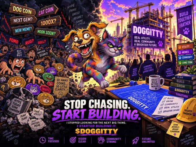 An AI-generated advertisement for 'DOGGITY' cryptocurrency, featuring a dog and cat on a construction site, with the text 'STOP CHASING. START BUILDING.'