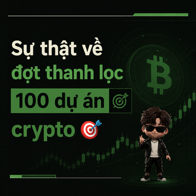 A Vietnamese-language graphic about cryptocurrency featuring a 3D cartoon character in sunglasses, a Bitcoin logo, and text reading "Sự thật về đợt thanh lọc 100 dự án crypto."