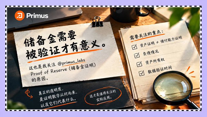 A Primus informational graphic explains in Chinese that “储备金需要被验证才有意义” (reserves need verification to be meaningful), referencing “Proof of Reserve” and “@primus_labs,” with a checklist titled “需要关注的重点” covering asset proofs, liabilities, asset ownership, and data verification time.