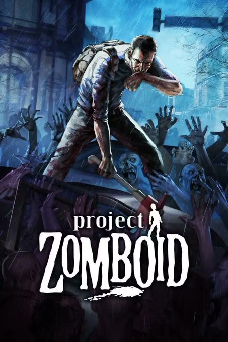 The image features a poster for the video game "Project Zomboid". The poster showcases an illustration of a man holding a chainsaw, surrounded by a group of zombies. The title of the game is prominently displayed at the bottom of the poster in white text against a dark blue background. The poster also includes a link to the game's website and mentions that it is now live on FluxCloud.