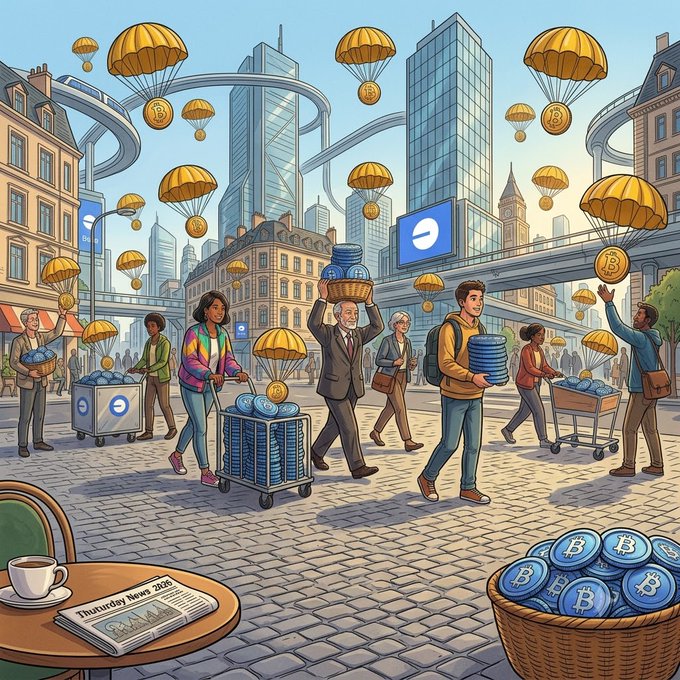 A colorful illustration of a city scene where people are carrying and trading blue cryptocurrency coins and Bitcoin parachutes, with a newspaper dated 'Thursday, November 2024' visible on a café table.