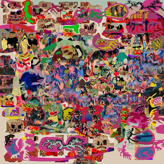 A vibrant, chaotic digital collage artwork featuring colorful faces, abstract shapes, and figures in pinks, blues, and yellows.